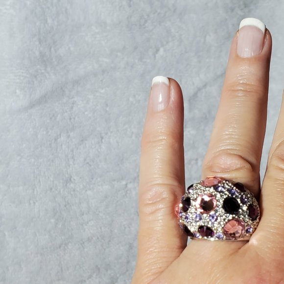 Fun Pink & Purple Crystal Dome Silver Statement Ring, Size 8 - Picture 3 of 9